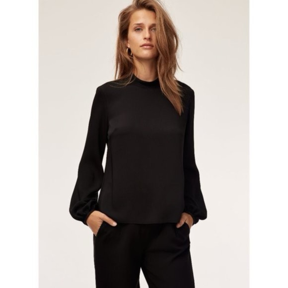 Aritzia Babaton Black Mock Neck Button Closure Puff Long Sleeve Granados Blouse